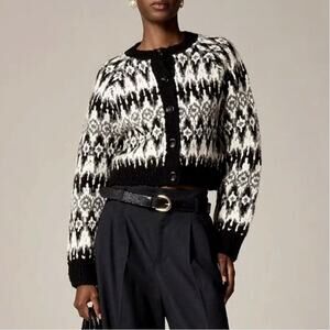 JCrew Fair Isle Cropped Cardigan Womens S Chunky Alpaca Wool Black Comfy Cozy